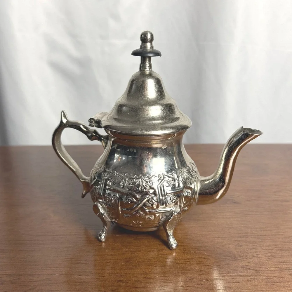 VTG Moroccan Silver Plate Teapot Repousse Footed Fez Style Wood Finial Signed